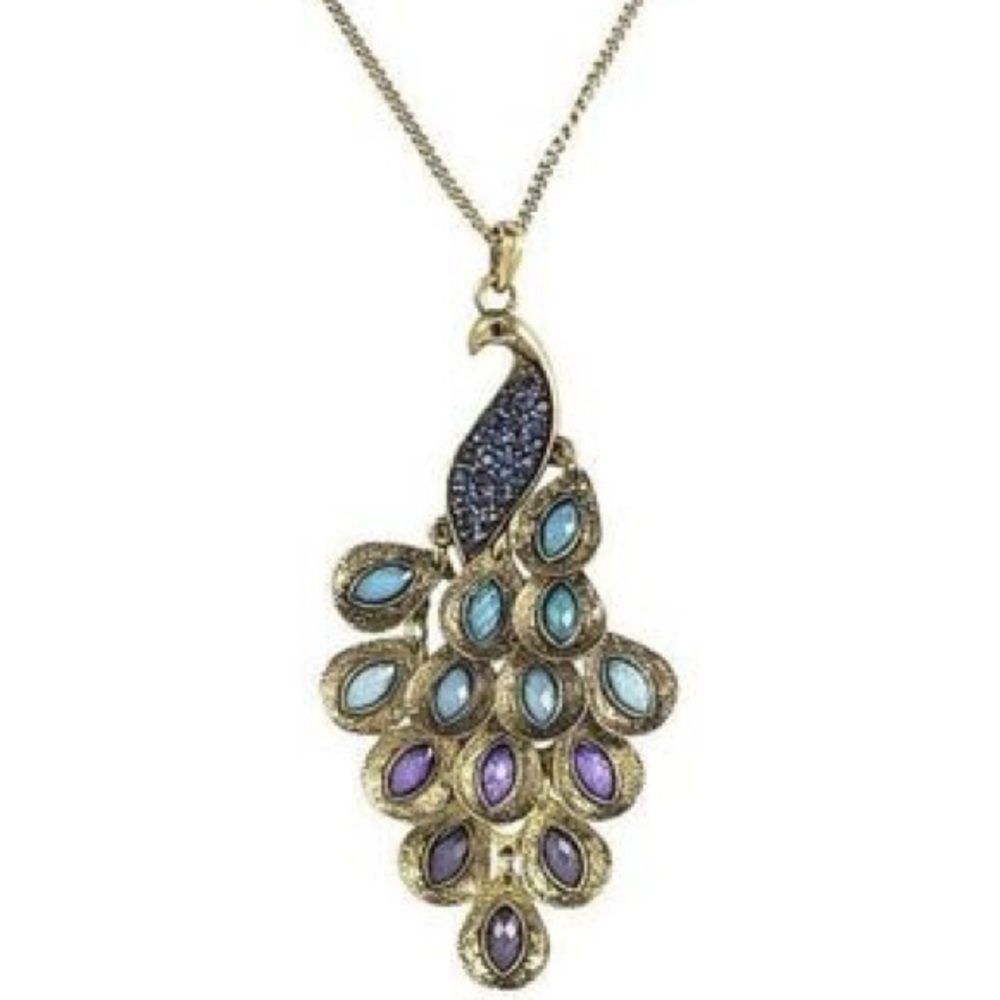 VINTAGE PIER 1 IMPORTS peacocks charm necklace long gens black purple teal